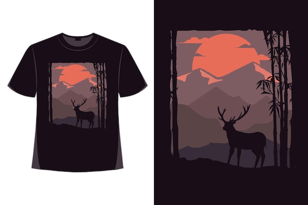 Conception De T-shirt De Nature Montagne Nuit Lune Cerf Dessinés à La Main Style Vintage Illustration