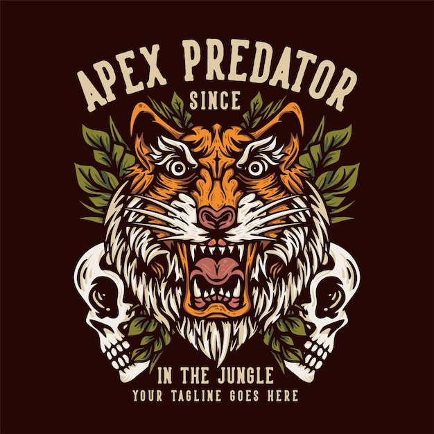 Vecteur conception de t-shirt prédateur d'apex depuis dans la jungle avec tête de tigre et illustration vintage de crâne