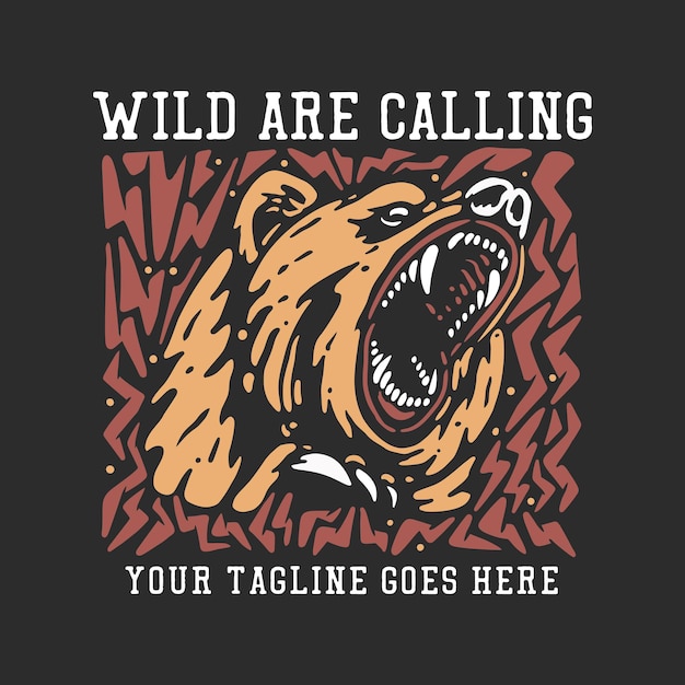 Conception de t-shirt sauvage appellent avec tête d'ours et illustration vintage de fond gris