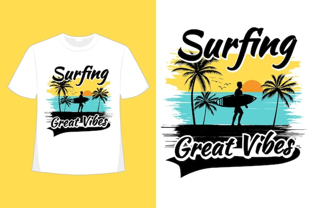 Conception de t-shirt de surf grandes vibrations plage brosse rétro illustration vintage