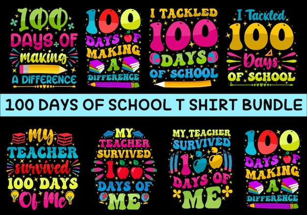 Conception De T-shirt De Typographie Scolaire Du 100 E Jour, Vecteur De Conception De T-shirt Coloré De 100 Jours D'école