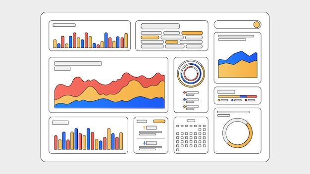 Conception d'un tableau de bord d'analyse de données plat avec des graphiques et des graphes