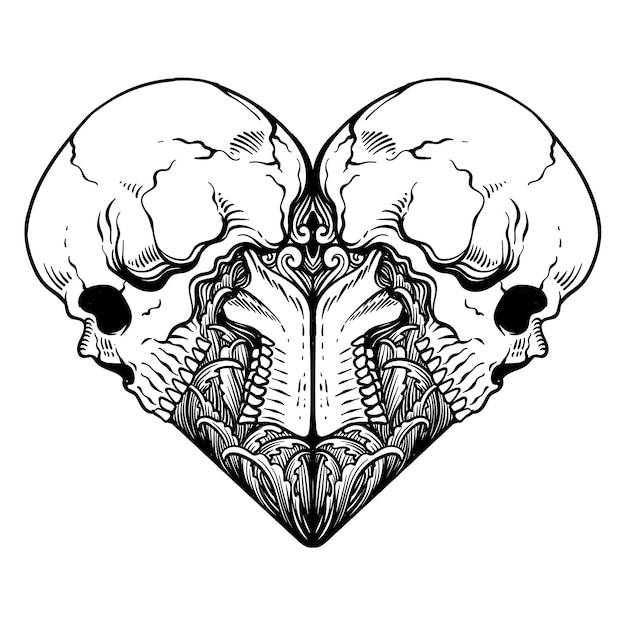 Vecteur conception de tatouage crâne amour dessin au trait noir et blanc