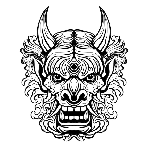 Vecteur conception de tatouage masque oni dessin au trait noir et blanc