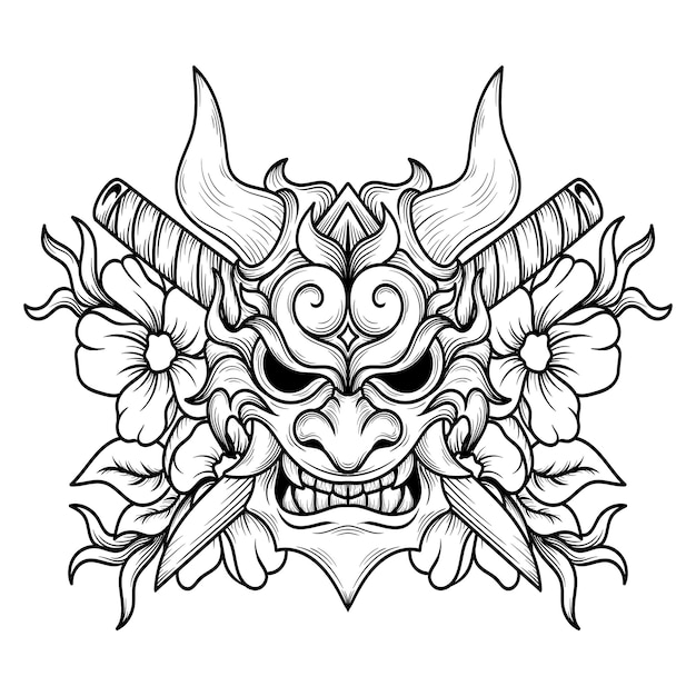 Conception De Tatouage Et De T-shirt Masque De Hannya Dessiné à La Main En Noir Et Blanc