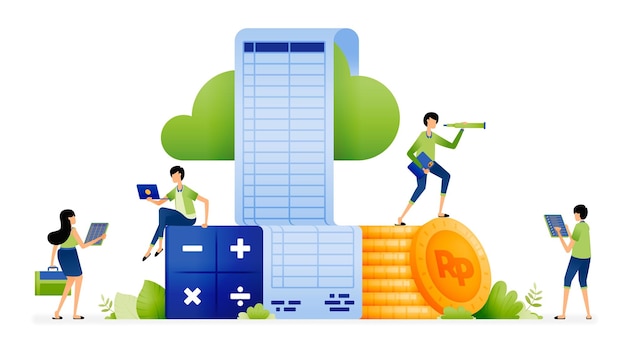 Conception de la technologie comptable avec cloud pour un accès facile aux rapports comptables et aux plans de l'entreprise Illustration pour les pages de destination sites Web affiches bannières applications mobiles Web publicités sur les réseaux sociaux, etc