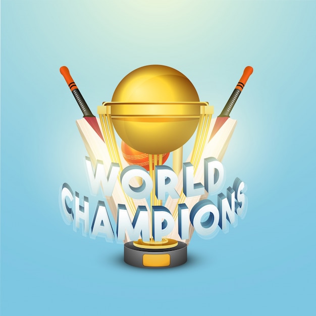 Vecteur conception de texte de champions du monde avec golden trophy, bats et ball sur fond bleu ciel brillant pour le concept cricket.