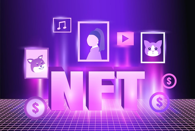 Vecteur conception de thème nft art cryptographique crypto art composition isométrique nft avec icônes de pièces et illustration de collectionneurs d'art nonfungible token