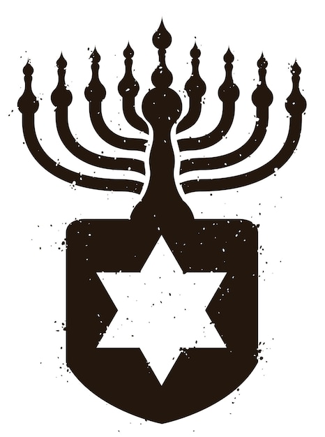 Vecteur conception de timbres en noir et blanc avec la forme de dreidel hanukkiah et la silhouette de l'étoile de david pour hanukkah