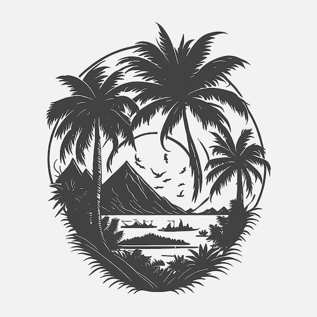 Conception de tshirt d'été Un cercle avec un palmier et des montagnes au milieu