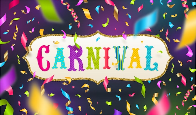 Conception de type carnaval dans un cadre doré pailleté et des confettis multicolores tombant