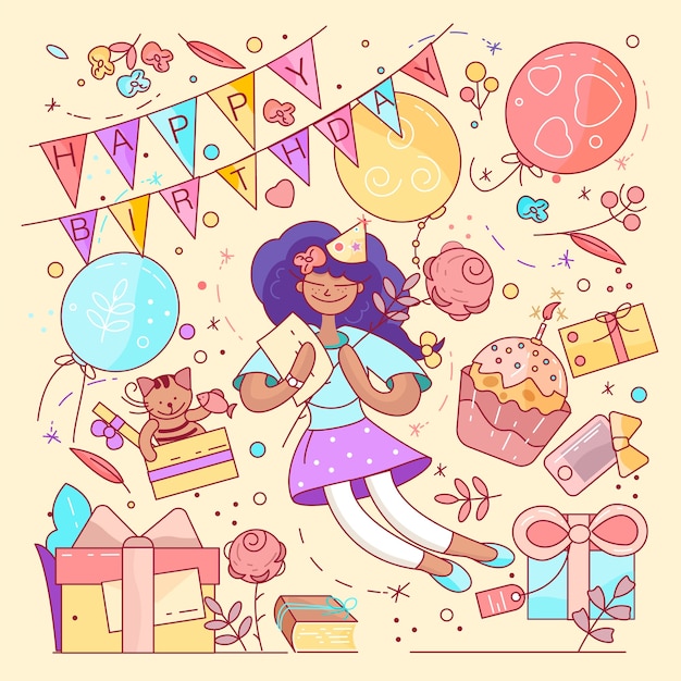 Vecteur conception de typographie joyeux anniversaire pour cartes de voeux et affiche avec ballon, petits gâteaux et boîte-cadeau, modèle de conception pour la fête d'anniversaire.