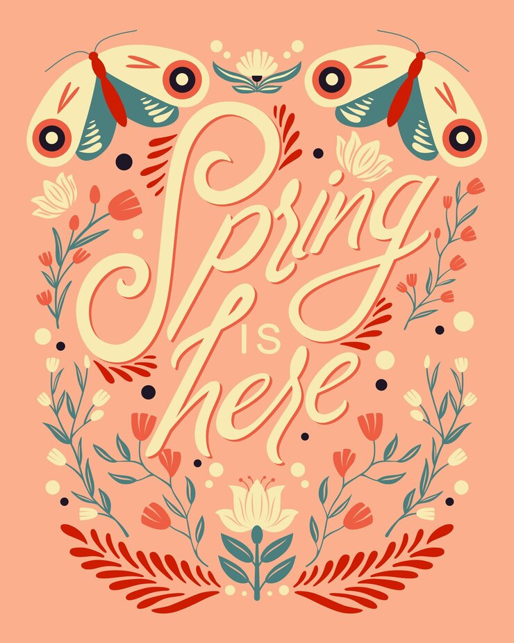 Conception de typographie manuscrite décorative colorée avec des animaux et des fleurs. Conception d'illustration de lettrage de main de printemps. Motifs de printemps dans le style de l'art populaire.