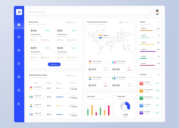 Conception ui ux de tableau de bord infographique vectoriel avec modèles d'interface Web de graphiques et de diagrammes