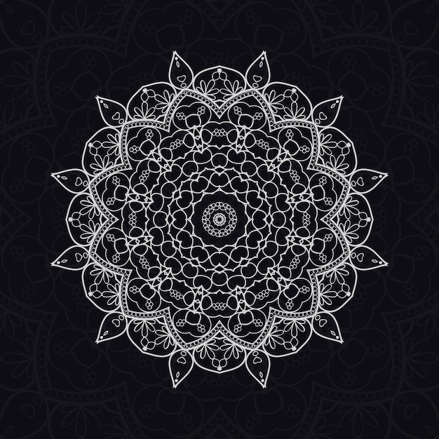 Conception Unique De Modèles De Relaxation De Mandala Floral Avec Fond Noirmotif Dessiné à La Main