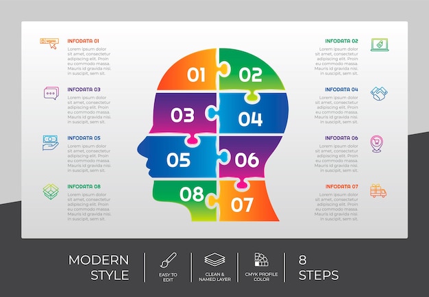 Conception De Vecteur D'infographie D'étape De Puzzle Avec 8 étapes De Style Coloré à Des Fins De Présentation L'infographie D'étape Moderne Peut être Utilisée Pour Les Affaires Et Le Marketing