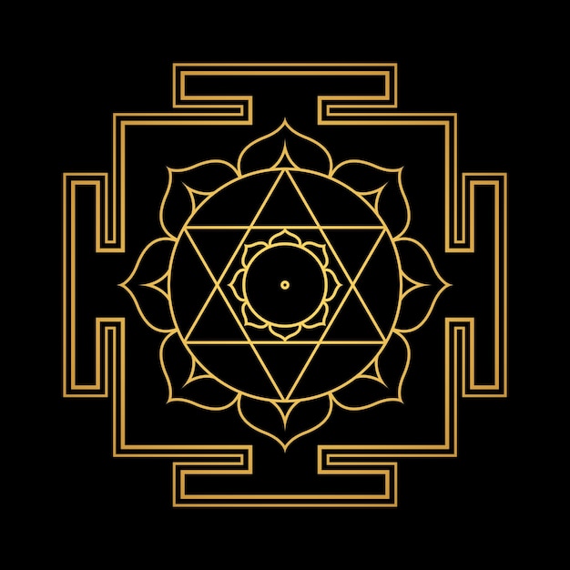 Conception De Vecteur Or Brillant Aspect Devi Kamala Kamalatmika Yantra Dasa Mahavidya Géométrie Sacrée Illustration De Mandala Divin Pétales De Lotus Bhupura Isolé Fond Noir