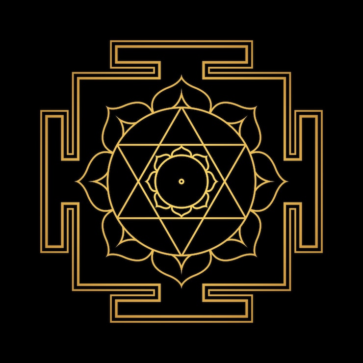 Vecteur conception de vecteur or brillant aspect devi kamala kamalatmika yantra dasa mahavidya géométrie sacrée illustration de mandala divin pétales de lotus bhupura isolé fond noir