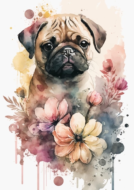 Conception De Vecteur De Portrait Aquarelle Charmant Chien Carlin