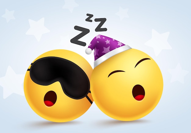 Vecteur conception de vecteur de sommeil emoji emojis endormi personnage fatigué et ronflant avec masque pour les yeux et élément de chapeau