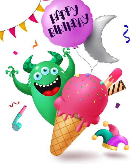 Conception de vecteur de texte joyeux anniversaire Personnage d'anniversaire monstre avec glace à la fraise et vol