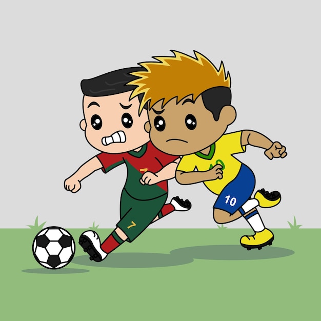 Vecteur conception vectorielle d'enfants portant le maillot de l'équipe nationale de football jouant au football portugal vs brésil