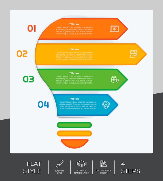 Conception vectorielle d'infographie d'ampoule de flux de travail avec 4 étapes et conception plate L'infographie d'étape peut être utilisée pour la présentation du rapport annuel à des fins commerciales