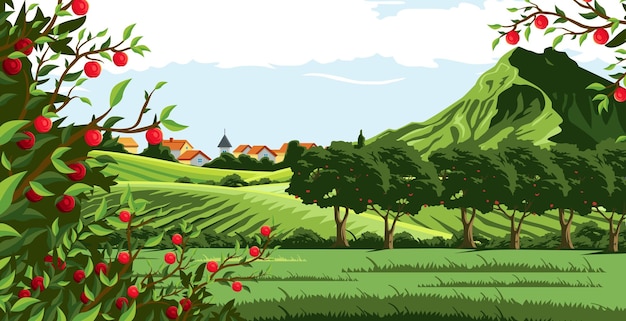 conception vectorielle pour une plantation de pommes dans un beau village avec une atmosphère naturelle naturelle
