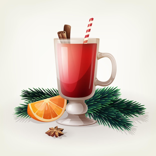 Conception Vectorielle De Vin Chaud Chaud Avec Des Bâtons De Cannelle Tranche D'orange étoile D'anis Et Branches De Sapin