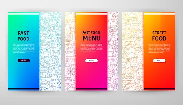 Conception Web de brochure de restauration rapide. Illustration vectorielle de la bannière de site Web de contour.