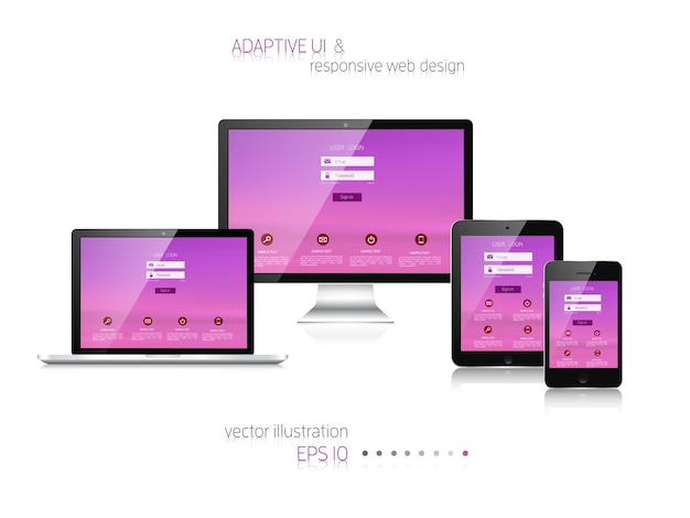 Vecteur conception web réactive interface utilisateur adaptative appareils numériques ordinateur portable tablette moniteur smartphone web