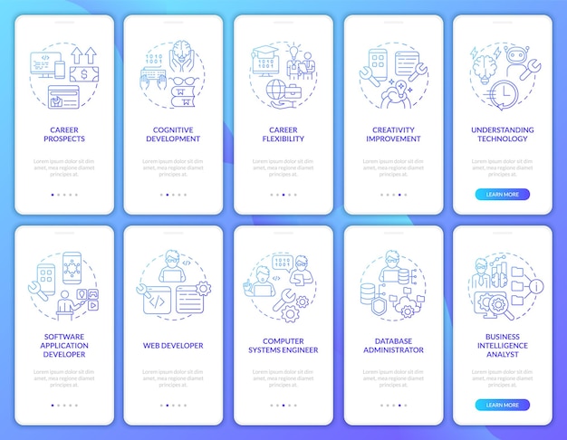 Concepts de codage ensemble d'écrans d'application mobile d'intégration dégradé bleu Procédure pas à pas pour développeur Pages d'instructions graphiques en 5 étapes avec concepts linéaires UI UX Modèle d'interface graphique Myriad ProBold Polices régulières utilisées