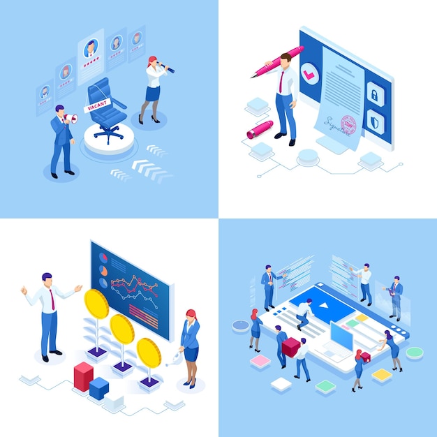 Concepts commerciaux isométriques Hommes d'affaires et femme d'affaires dans différentes situations Accord de coopération en ligne Succès Réalisation de l'objectif Financement de projets Partenariat de consultation en ligne