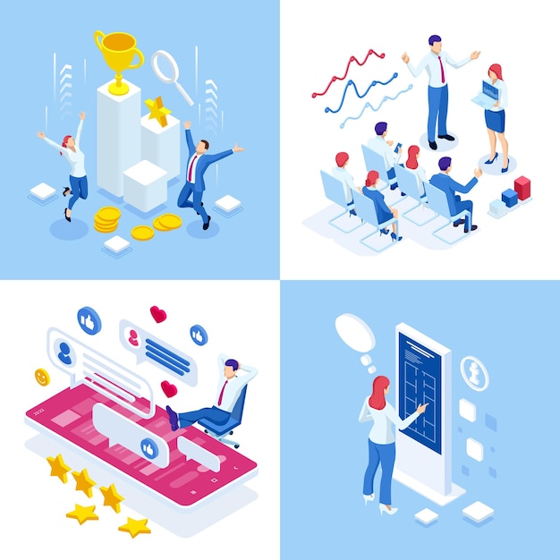Concepts commerciaux isométriques Hommes d'affaires et femme d'affaires dans différentes situations Accord de coopération en ligne Succès Réalisation de l'objectif Financement de projets Partenariat de consultation en ligne