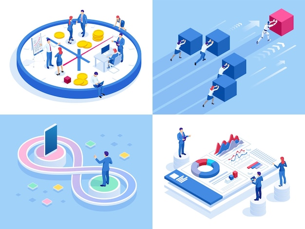 Concepts Commerciaux Isométriques Hommes D'affaires Et Femme D'affaires Dans Différentes Situations Accord De Coopération En Ligne Succès Réalisation De L'objectif Financement De Projets Partenariat De Consultation En Ligne