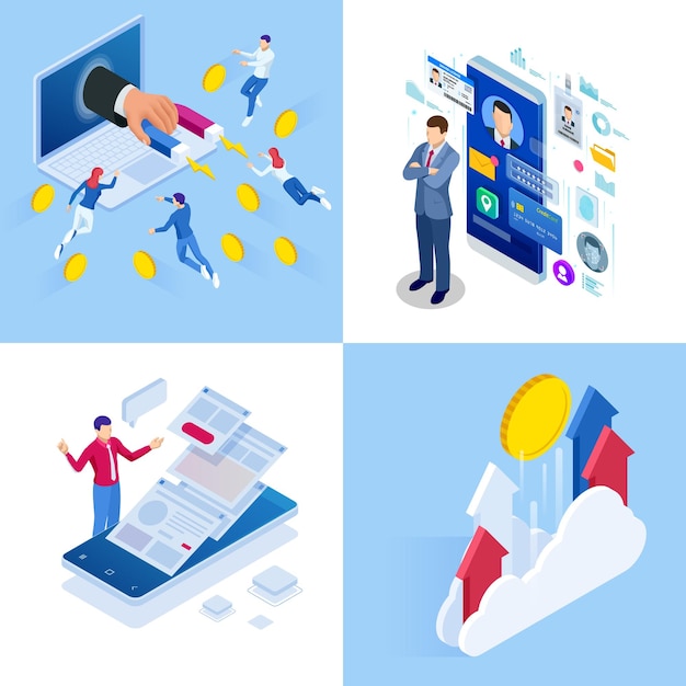 Concepts commerciaux isométriques Hommes d'affaires et femme d'affaires dans différentes situations Accord de coopération en ligne Succès Réalisation de l'objectif Financement de projets Partenariat de consultation en ligne