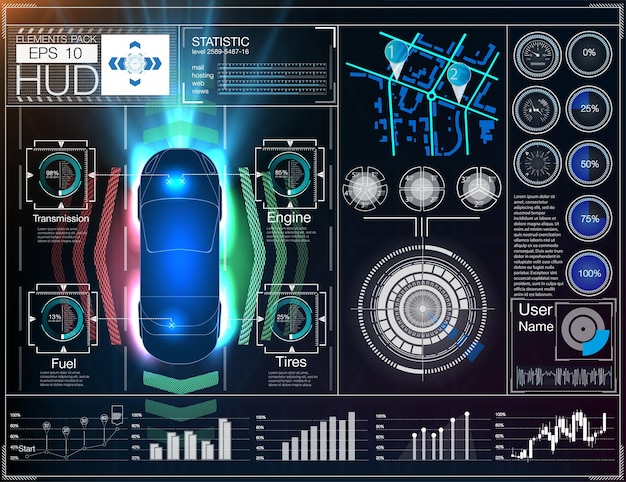 Vecteur concepts futurs hologramme intelligent de l'interface graphique hud automatique le système de freinage automatique évite les accidents de voiture de la voiture