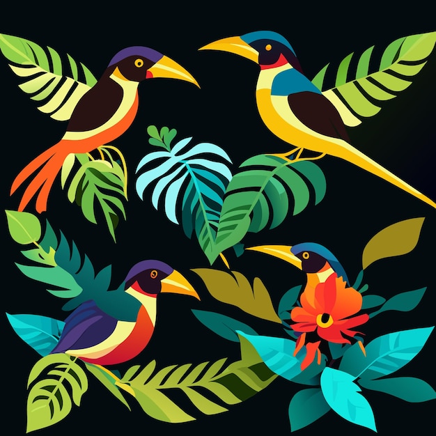 Vecteur concepts d'oiseaux de la forêt tropicale plate