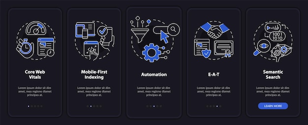 Concepts D'optimisation Des Moteurs De Recherche écran D'application Mobile D'intégration En Mode Nuit