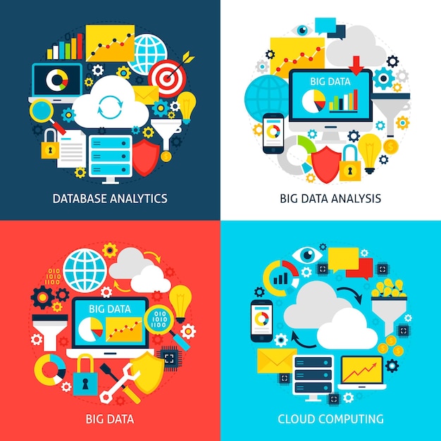 Concepts plats de Big Data. Illustration vectorielle de conception. Collection d'affiches d'analyse commerciale.