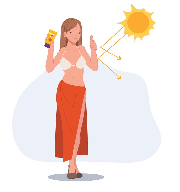 Vecteur concepts de soins de la peauprotection solairefemme heureuse en maillot de bain à l'aide d'un écran solaire pour éviter les dommages causés par les coups de soleil