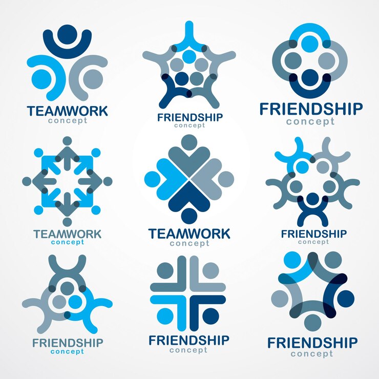 Vecteur concepts de travail d'équipe et d'amitié créés avec des éléments géométriques simples en tant qu'équipe de personnes. ensemble d'icônes vectorielles ou de logos. idées d'unité et de collaboration, équipe de rêve de conceptions bleues de gens d'affaires.