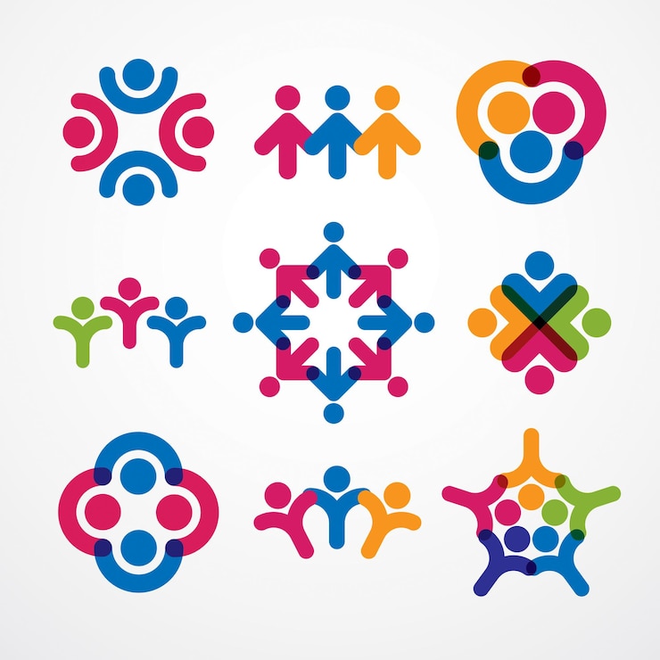 Vecteur concepts d'unité et de coopération d'homme d'affaires de travail d'équipe créés avec des éléments géométriques simples en tant qu'équipes de personnes. ensemble d'icônes vectorielles ou de logos. équipe de rêve d'amitié, dessins colorés d'équipage uni.