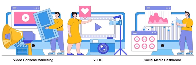 Vecteur concepts de vlog de marketing de contenu vidéo et de tableau de bord de médias sociaux avec des personnages pack d'illustrations de campagne numérique en ligne l'analyse des statistiques des utilisateurs de streaming de l'entreprise de publicité