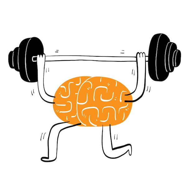 Vecteur conceptuel le cerveau soulevant une barre pour l'exercice dessin à la main illustration vectorielle dessin au trait