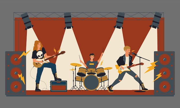 Concert de rock Band de métal jouant de la musique en direct sur une scène éclairée par des projecteurs Festival musical de la jeunesse Style plat de dessin animé des gens chantant avec un microphone Vector concept de musiciens modernes
