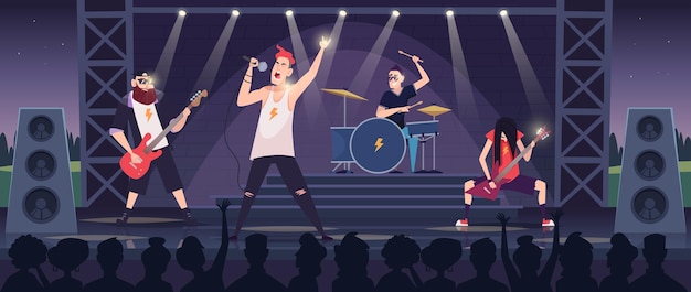 Concert de rock Divertissement avec des musiciens avec des guitares rock fond de dessin animé vectoriel exact avec des personnages de groupe de musique concert de musique et illustration de performance de divertissement