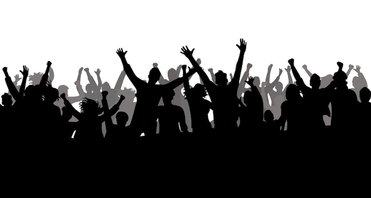 Vecteur concert silhouettes de foule de personnes avec les mains levées dans une foule