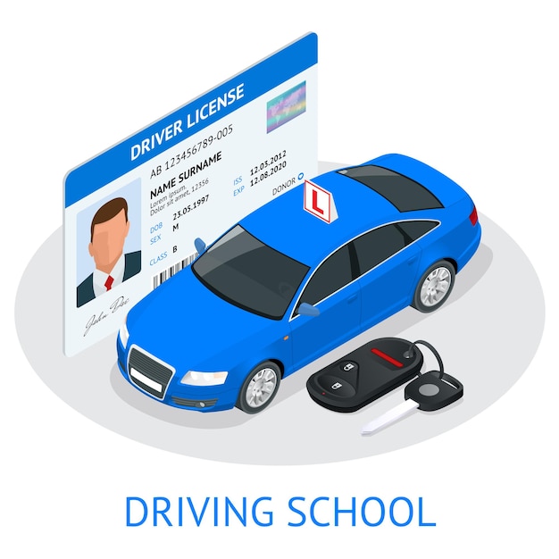 Concevoir Une Auto-école Ou Apprendre à Conduire. Illustration Isométrique Plate.