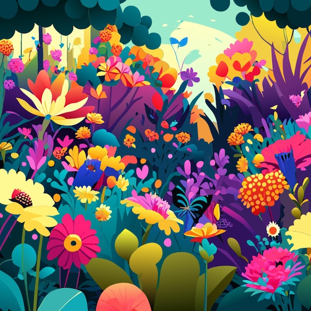Vecteur concevoir un jardin fantaisiste rempli de fleurs en fleurs et de papillons ludiques illustration vectorielle